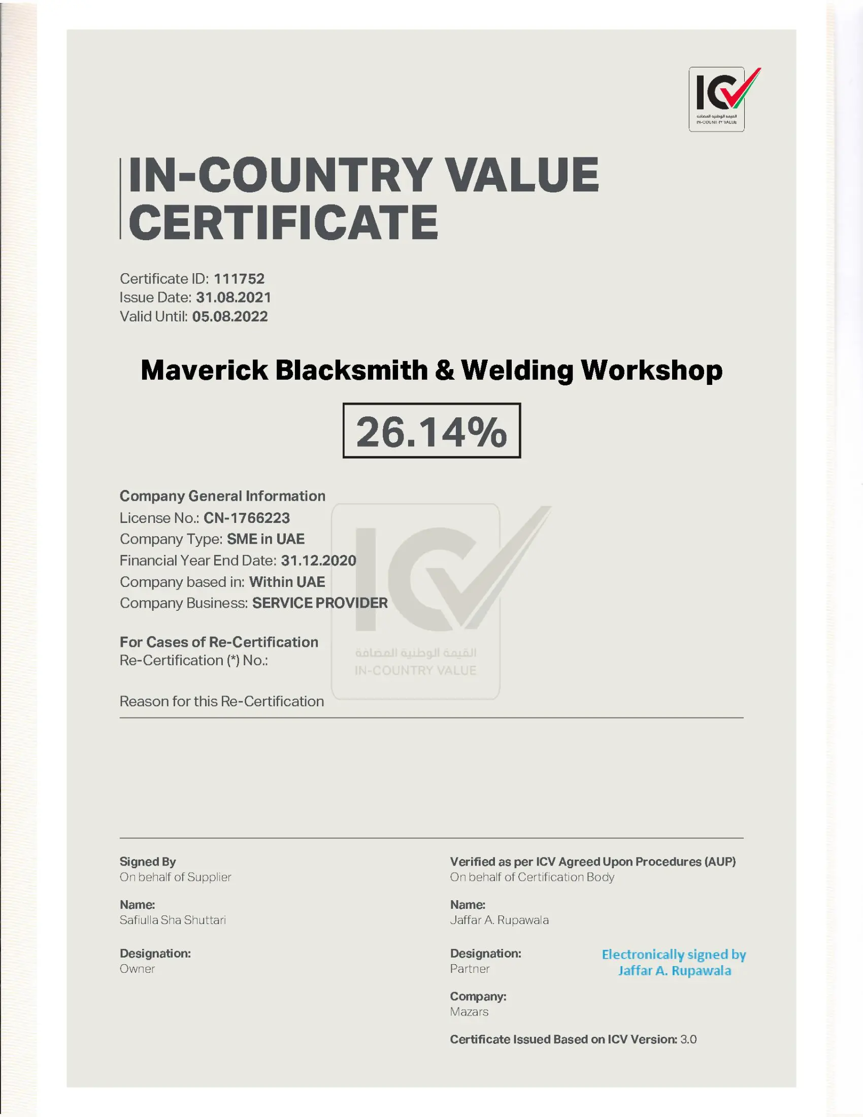 In-Country Value certificate